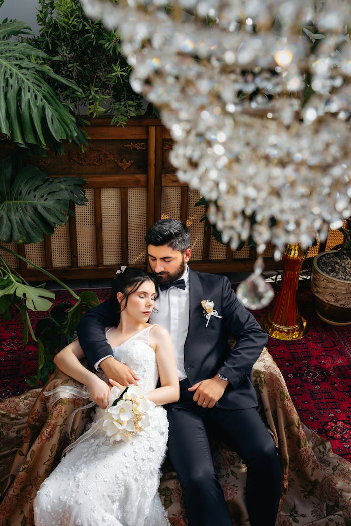 Bride and groom in formal attire posing romantically under a crystal chandelier.